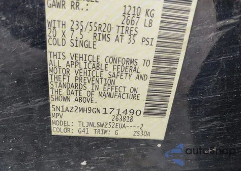 2016 Nissan Murano Platinum from USA, damaged, VIN 5N1AZ2MH9GN171490